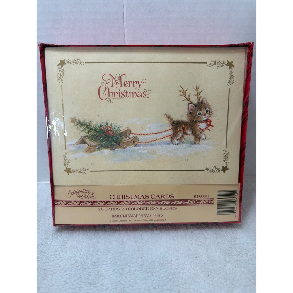 NIB VTG 90s Gibson Christmas Cards Boxed Set 20 Count Kitten Sled Red Cream